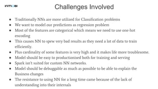 Challenges Involved
● Traditionally NNs are more utilized for Classification problems
● We want to model our predictions as regression problem
● Most of the features are categorical which means we need to use one-hot
encoding
● This causes NN to spew very bad results as they need a lot of data to train
efficiently.
● Plus cardinality of some features is very high and it makes life more troublesome.
● Model should be easy to productionised both for training and serving
● Spark isn’t suited for custom NN networks.
● Model should be debuggable as much as possible to be able to explain the
Business changes
● The resistance to using NN for a long time came because of the lack of
understanding into their internals
 