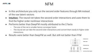 NFM
● In this architecture you only run the second order features through NN instead
of the raw latent vectors
● Intuition: The neural net takes the second order interactions and uses them to
find the higher order nonlinear interactions
● Performs better than DeepFM mostly attributed to the 2 facts
○ The size of the net is smaller hence converges faster.
○ The neural net can take the second order interactions and convert them easily to higher order
interactions.
● Results were better than DeepFM as well. But still not better than FFM
 
