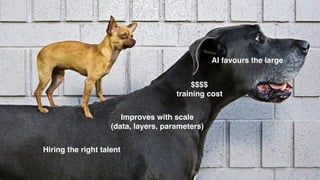 11
Can I
compete?
AI favours the large
$$$$
training cost
Improves with scale
(data, layers, parameters)
Hiring the right talent
 