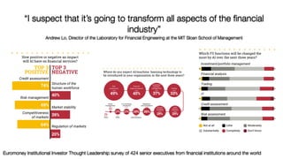“I suspect that it’s going to transform all aspects of the ﬁnancial
industry”
Andrew Lo, Director of the Laboratory for Financial Engineering at the MIT Sloan School of Management
Euromoney Institutional Investor Thought Leadership survey of 424 senior executives from ﬁnancial institutions around the world
 