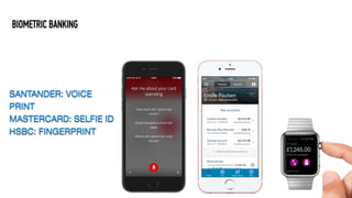 BIOMETRIC BANKING
SANTANDER: VOICE
PRINT

MASTERCARD: SELFIE ID

HSBC: FINGERPRINT
 