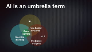 AI is an umbrella term
AI
Machine  
learning
Deep  
learning
NLP
Predictive 
analytics
Rule-based  
systems
 