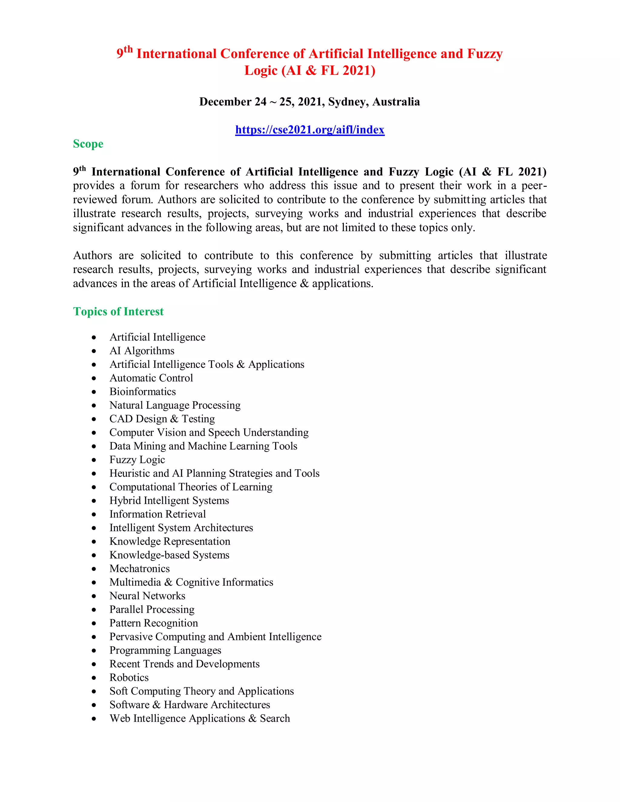 Call For Papers - 9 th International Conference of Artificial 