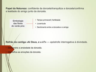 Refrão da cantiga «Ai Deus, e u é?» — apóstrofe interrogativa à divindade.
• Demonstra a ansiedade da donzela.
• Intensifica as emoções da donzela.
• Tempo primaveril; fertilidade
• Juventude
• Sentimento entre a donzela e o amigo
Simbologia
das flores
do verde pino
Papel da Natureza: confidente da donzela/tranquiliza a donzela/confirma
a lealdade do amigo junto da donzela.
 