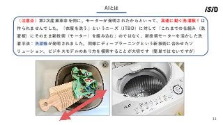 11
AIとは
（注意点）第2次産業革命を例に。モーターが発明されたからといって、高速に動く洗濯板！は
作られませんでした。「衣服を洗う」というニーズ（JTBD）に対して「これまでの仕組み（洗
濯板）にそのまま新技術（モーター）を組み込む」のではなく、新技術モーターを活かした洗
濯手法：洗濯機が発明されました。同様にディープラーニングという新技術に合わせたソ
リューション、ビジネスモデルのあり方を模索することが大切です（簡単ではないですが）
 