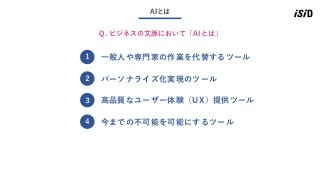 5
AIとは
一般人や専門家の作業を代替するツール１
Q. ビジネスの文脈において「AIとは」
パーソナライズ化実現のツール２
高品質なユーザー体験（UX）提供ツール３
今までの不可能を可能にするツール４
 