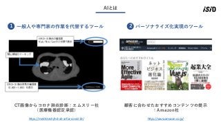 6
AIとは
① 一般人や専門家の作業を代替するツール ② パーソナライズ化実現のツール
CT画像からコロナ肺炎診断：エムスリー社
（医療機器認定承認）
https://medit.tech/m3-ali-ai-for-covid-19/
顧客に合わせたおすすめコンテンツの提示
：Amazon社
https://www.amazon.co.jp/
２１
 
