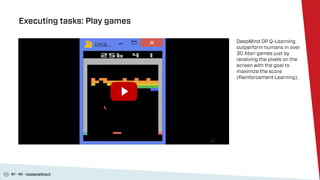 BY - NC - nicolamattina.it
Executing tasks: Play games
DeepMind DP Q-Learning
outperform humans in over
30 Atari games jus...