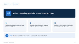 S E G M E N T 0 1 · TA K E A WAY
AI is a capability you build — not a tool you buy.
1
Three forces (capability, cost, access) made
this moment different.
2
Advantage moves to your data, workflows
and trust — the copy-proof moat.
3
Adoption is nearly universal; scaled value is
rare. Discipline is the differentiator.
Bridge So if AI is a capability worth building — where, exactly, do you build it first?
AI for Business · Executive Session 14
 