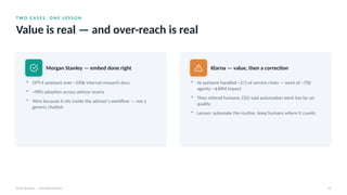 T W O C A S E S , O N E L E S S O N
Value is real — and over-reach is real
AI for Business · Executive Session 24
Morgan Stanley — embed done right
• GPT-4 assistant over ~100k internal research docs
• ~98% adoption across advisor teams
• Wins because it sits inside the advisor's workflow — not a
generic chatbot
Klarna — value, then a correction
• AI assistant handled ~2/3 of service chats — work of ~700
agents; ~$40M impact
• Then rehired humans; CEO said automation went too far on
quality
• Lesson: automate the routine, keep humans where it counts
 