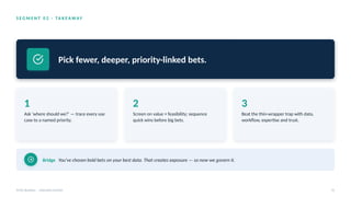 S E G M E N T 0 2 · TA K E A WAY
Pick fewer, deeper, priority-linked bets.
1
Ask 'where should we?' — trace every use
case to a named priority.
2
Screen on value × feasibility; sequence
quick wins before big bets.
3
Beat the thin-wrapper trap with data,
workflow, expertise and trust.
Bridge You've chosen bold bets on your best data. That creates exposure — so now we govern it.
AI for Business · Executive Session 25
 