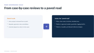 M A K E G O V E R N A N C E S C A L E
From case-by-case reviews to a paved road
AI for Business · Executive Session 35
Doesn't scale
• Every project reviewed from scratch
• Bespoke approvals, slow committees
• Controls depend on who's in the room
Scales: the "paved road"
• Policy: clear rules & risk tiers, decided once
• Platform: approved models, guardrails, logging built-in
• Patterns: reusable, pre-blessed reference designs
 