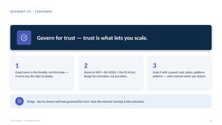 S E G M E N T 0 3 · TA K E A WAY
Govern for trust — trust is what lets you scale.
1
Governance is the throttle, not the brake —
it earns you the right to deploy.
2
Stand on NIST + ISO 42001 + the EU AI Act;
design for principles, not just dates.
3
Scale it with a paved road: policy, platform,
patterns — and a named owner per system.
Bridge You've chosen well and governed for trust. Now the real test: turning it into outcomes.
AI for Business · Executive Session 36
 