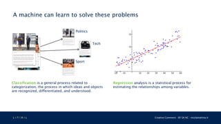 L 4 T 3 R 4 L Creative Commons - BY SA NC - nicolamattina.it
A machine can learn to solve these problems
Regression analysis is a statistical process for
estimating the relationships among variables.
Classification is a general process related to
categorization, the process in which ideas and objects
are recognized, differentiated, and understood.
Politics
Tech
Sport
 