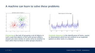 L 4 T 3 R 4 L Creative Commons - BY SA NC - nicolamattina.it
A machine can learn to solve these problems
Anomaly detection is the identification of items, events
or observations which do not conform to an expected
pattern or other items in a dataset.
Clustering is the task of grouping a set of objects in
such a way that objects in the same group (called a
cluster) are more similar (in some sense or another) to
each other than to those in other groups (clusters)
 