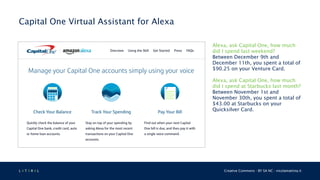 L 4 T 3 R 4 L Creative Commons - BY SA NC - nicolamattina.it
Capital One Virtual Assistant for Alexa
Alexa, ask Capital One, how much
did I spend last weekend?
Between December 9th and
December 11th, you spent a total of
$90.25 on your Venture Card.
Alexa, ask Capital One, how much
did I spend at Starbucks last month?
Between November 1st and
November 30th, you spent a total of
$43.00 at Starbucks on your
Quicksilver Card. 
 