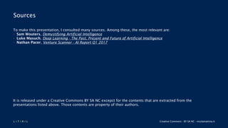 L 4 T 3 R 4 L Creative Commons - BY SA NC - nicolamattina.it
Sources
To make this presentation, I consulted many sources. Among these, the most relevant are:
• Sam Wouters, Demystifying Artificial Intelligence
• Luke Masuch, Deep Learning - The Past, Present and Future of Artificial Intelligence
• Nathan Pacer, Venture Scanner - AI Report Q1 2017
It is released under a Creative Commons BY SA NC excepct for the contents that are extracted from the
presentations listed above. Those contents are property of their authors.
 