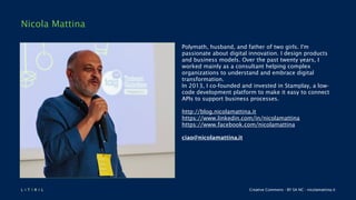 L 4 T 3 R 4 L Creative Commons - BY SA NC - nicolamattina.it
Nicola Mattina
Polymath, husband, and father of two girls. I'm
passionate about digital innovation. I design products
and business models. Over the past twenty years, I
worked mainly as a consultant helping complex
organizations to understand and embrace digital
transformation.
In 2013, I co-founded and invested in Stamplay, a low-
code development platform to make it easy to connect
APIs to support business processes.
http://blog.nicolamattina.it
https://www.linkedin.com/in/nicolamattina
https://www.facebook.com/nicolamattina
ciao@nicolamattina.it
 
