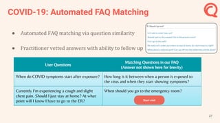 COVID-19: Automated FAQ Matching
●
●
User Questions
Matching Questions in our FAQ
(Answer not shown here for brevity)
When do COVID symptoms start after exposure? How long is it between when a person is exposed to
the virus and when they start showing symptoms?
Currently I’m experiencing a cough and slight
chest pain. Should I just stay at home? At what
point will I know I have to go to the ER?
When should you go to the emergency room?
27
 