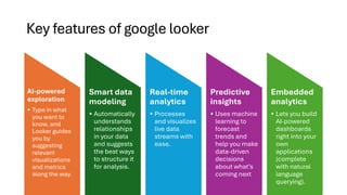 Key features of google looker
AI-powered
exploration
• Type in what
you want to
know, and
Looker guides
you by
suggesting
relevant
visualizations
and metrics
along the way.
Smart data
modeling
• Automatically
understands
relationships
in your data
and suggests
the best ways
to structure it
for analysis.
Real-time
analytics
• Processes
and visualizes
live data
streams with
ease.
Predictive
insights
• Uses machine
learning to
forecast
trends and
help you make
data-driven
decisions
about what’s
coming next
Embedded
analytics
• Lets you build
AI-powered
dashboards
right into your
own
applications
(complete
with natural
language
querying).
 