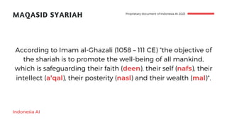 MAQASID SYARIAH
Indonesia AI
Proprietary document of Indonesia AI 2023
According to Imam al-Ghazali (1058 – 111 CE) “the objective of
the shariah is to promote the well-being of all mankind,
which is safeguarding their faith (deen), their self (nafs), their
intellect (a’qal), their posterity (nasl) and their wealth (mal)".
 