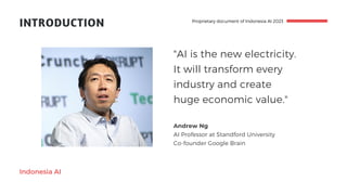 INTRODUCTION
Indonesia AI
"AI is the new electricity.
It will transform every
industry and create
huge economic value."
Andrew Ng
AI Professor at Standford University
Co-founder Google Brain
Proprietary document of Indonesia AI 2023
 