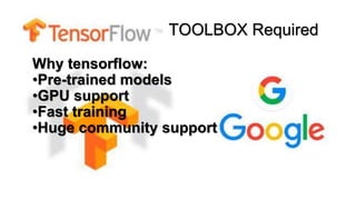 TOOLBOX Required
Why tensorflow:
•Pre-trained models
•GPU support
•Fast training
•Huge community support
 