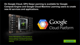 GOOGLE
On Google Cloud, GPU Deep Learning is available for Google Compute Engine and
Google Cloud Machine Learning users to create new AI services and applications.
Tesla P100 delivers a 12x increase in
neural network training performance
compared with a previous generation
offering.
READ MORE
 