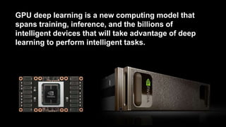 GPU deep learning is a new computing model that spans training,
inference, and the billions of intelligent devices that will take
advantage of deep learning to perform intelligent tasks.
 