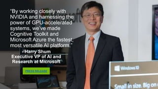 “By working closely with NVIDIA
and harnessing the power of
GPU-accelerated systems, we’ve
made Cognitive Toolkit and
Microsoft Azure the fastest,
most versatile AI platform.”
- Harry Shum
Executive VP of AI and
Research at Microsoft
PRESS RELEASE
 