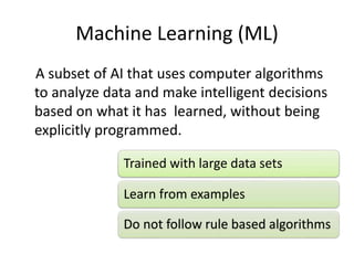 Machine Learning (ML)
A subset of AI that uses computer algorithms
to analyze data and make intelligent decisions
based on what it has learned, without being
explicitly programmed.
Trained with large data sets
Learn from examples
Do not follow rule based algorithms
 