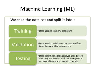 Machine Learning (ML)
We take the data set and split it into :
• Data used to train the algorithmTraining
• Data used to validate our results and fine
tune the algorithm parametersValidation
• Data that the model has never seen before
and they are used to evaluate how good is
our model (accuracy, precision, recall)
Testing
 