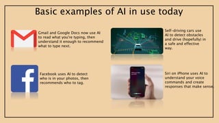 Gmail and Google Docs now use AI
to read what you're typing, then
understand it enough to recommend
what to type next.
Facebook uses AI to detect
who is in your photos, then
recommends who to tag.
Self-driving cars use
AI to detect obstacles
and drive (hopefully) in
a safe and effective
way.
Siri on iPhone uses AI to
understand your voice
commands and create
responses that make sense.
Basic examples of AI in use today
 