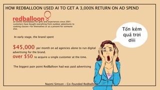HOW REDBALLOON USED AI TO GET A 3,000% RETURN ON AD SPEND
$45,000 per month on ad agencies alone to run digital
advertising for the brand.
over $50 to acquire a single customer at the time.
Tốn kém
quá trời
ơiii
Naomi Simson – Co-founded Redballoon
an online marketplace for gifts and experiences since 2001:
customers have bought everything from outdoor adventures to
cooking classes—for themselves or as a present for someone
else.
In early stage, the brand spent
The biggest pain point RedBalloon had was paid advertising
 
