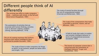 Different people think of AI
differently The study of mental faculties through
the use of computational models
(Charniak and McDermott, 1985)
The automation of activities that we
associate with human thinking, activities
such as decision-making, problem
solving, learning (Bellman, 1978)
The art of creating machines that perform
functions that require intelligence when
performed by people (Kurzweil, 1990)
The exciting new effort to make computers
think ... machines with minds, in the full and
literal sense (Haugeland, 1985)
The study of how to make computers do things
at which, at the moment, people are better (Rich
and Knight, 1991
The study of the computations that make
it possible to perceive, reason, and act
(Winston, 1992)
A field of study that seeks to explain
and emulate intelligent behavior in
terms of computational processes
(Schalkoff, 1990)
The branch of computer science that is
concerned with the automation of
intelligent behavior'' (Luger and
Stubblefield, 1993)
 