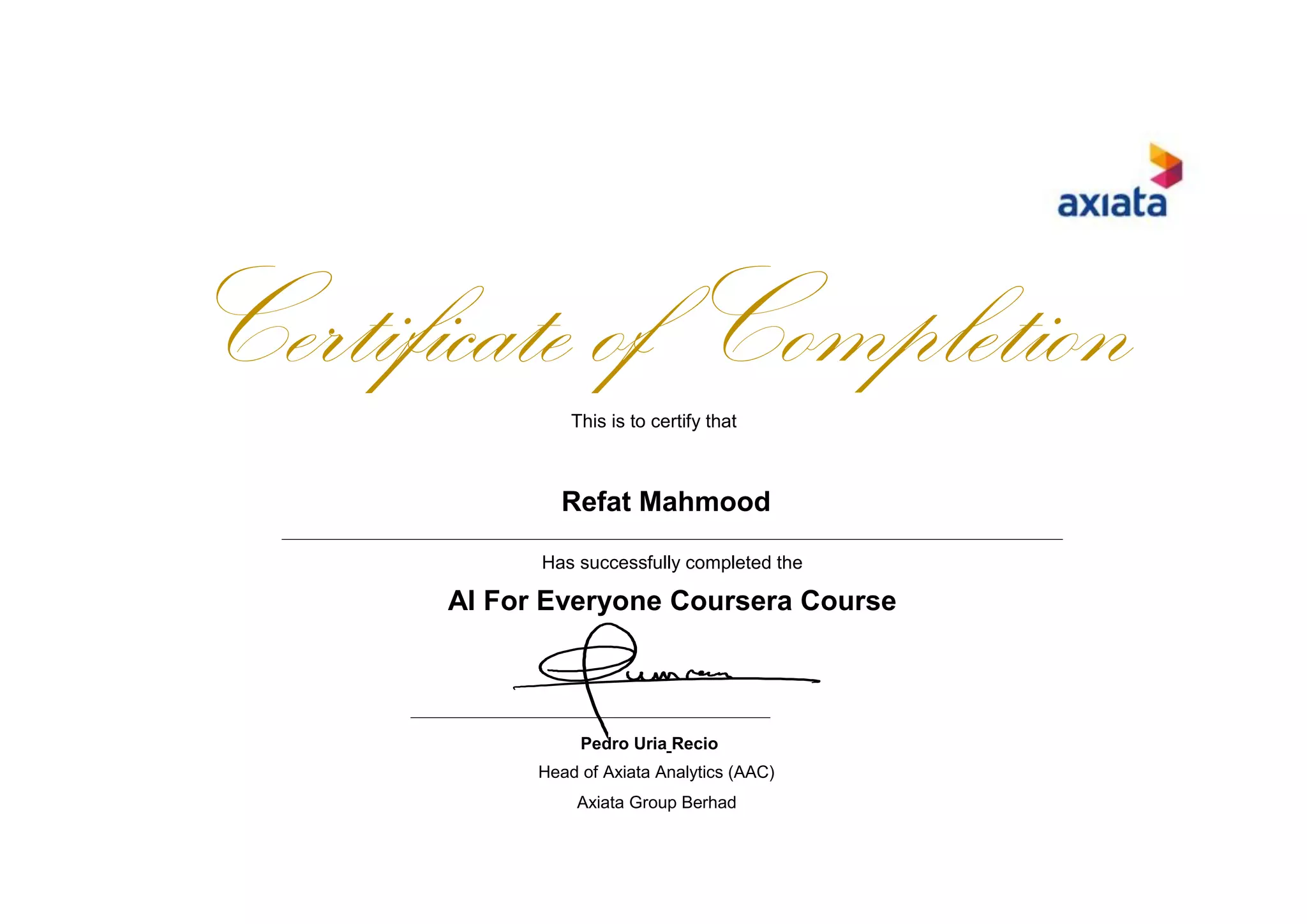 Ai for everyone certificate refat mahmood | PDF