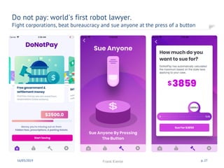 Do not pay: world's first robot lawyer.
Fight corporations, beat bureaucracy and sue anyone at the press of a button
16/03/2019 Frank Kienle p. 27
 