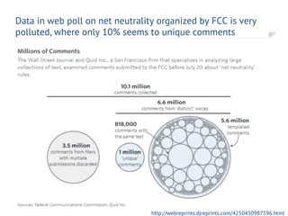 Data in web poll on net neutrality organized by FCC is very
polluted, where only 10% seems to unique comments
16/03/2019 Frank Kienle p. 34
http://webreprints.djreprints.com/4250450987596.html
 