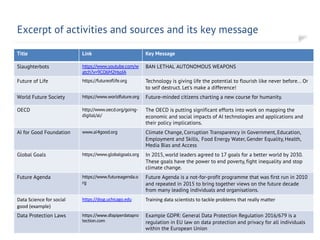 Excerpt of activities and sources and its key message
17/03/2019 Frank Kienle p. 38
Title Link Key Message
Slaughterbots https://www.youtube.com/w
atch?v=9CO6M2HsoIA
BAN LETHAL AUTONOMOUS WEAPONS
Future of Life https://futureoflife.org Technology is giving life the potential to flourish like never before... Or
to self destruct. Let's make a difference!
World Future Society https://www.worldfuture.org Future-minded citizens charting a new course for humanity.
OECD http://www.oecd.org/going-
digital/ai/
The OECD is putting significant efforts into work on mapping the
economic and social impacts of AI technologies and applications and
their policy implications.
AI for Good Foundation www.ai4good.org Climate Change, Corruption Transparency in Government, Education,
Employment and Skills, Food Energy Water, Gender Equality, Health,
Media Bias and Access
Global Goals https://www.globalgoals.org In 2015, world leaders agreed to 17 goals for a better world by 2030.
These goals have the power to end poverty, fight inequality and stop
climate change.
Future Agenda https://www.futureagenda.o
rg
Future Agenda is a not-for-profit programme that was first run in 2010
and repeated in 2015 to bring together views on the future decade
from many leading individuals and organisations.
Data Science for social
good (example)
https://dssg.uchicago.edu Training data scientists to tackle problems that really matter
Data Protection Laws https://www.dlapiperdatapro
tection.com
Example GDPR: General Data Protection Regulation 2016/679 is a
regulation in EU law on data protection and privacy for all individuals
within the European Union
 