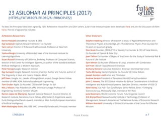 17/03/2019 Frank Kienle p. 7
23 ASILOMAR AI PRINCIPLES (2017)
(HTTPS://FUTUREOFLIFE.ORG/AI-PRINCIPLES/)
 