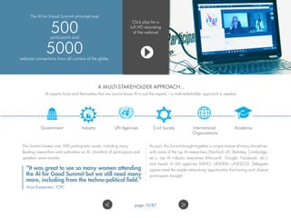 The AI for Good Summit attracted over
500participants and
5000webcast connections from all corners of the globe.
Government Industry UN Agencies Civil Society International
Organizations
Academia
A MULTI-STAKEHOLDER APPROACH…
AI experts have said themselves that we cannot leave AI to just the experts – a multi-stakeholder approach is needed.
The Summit hosted over 500 participants onsite, including many
leading researchers and authorities on AI. One-third of participants and
speakers were women.
As such, this Summit brought together a unique mixture of many disciplines,
with some of the top AI researchers (Stanford, UC Berkeley, Cambridge,
etc.), top AI industry executives (Microsoft, Google, Facebook, etc.),
and heads of UN agencies (WHO, UNODA, UNESCO). Delegates
appreciated the ample networking opportunities that having such diverse
participants brought.
“It was great to see so many women attending
the AI for Good Summit but we still need many
more, including from the techno-political field.”
Anja Kaspersen, ICRC
Click play for a
full HD recording
of the webcast
page 10/87 ><
 