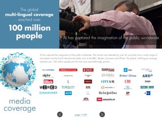 AI has captured the imagination of the public worldwide. The Summit was attended by over 45 journalists from a wide range of
mainstream and technical international media such as the BBC, Reuters, Euronews and Wired. The global, multi-lingual coverage
reached over 100 million people and the tone was overwhelmingly positive.
AI has captured the imagination of the public worldwide
media
coverage
The global
multi-lingual coverage
reached over
100 million
people
>< page 11/87
 