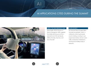 AI APPLICATIONS CITED DURING THE SUMMIT
JACK, THE SELF-DRIVING CAR
Rupert Stadler, CEO & Chairman of
Board of Management, AUDI, suggested
that reliable self-driving cars will be in
place by the end of the next decade,
2030, at the latest, when the car will
drive all by itself.
GUIDE ROBOT
Prof. Manuela Veloso (Carnegie Mellon
University) has developed “cobots” or
collaborative robots to guide people
around a building, according to a pre-
programmed schedule, and also to serve
coffee, and describe (“verbalization”)
what they did with different levels of
abstraction.
>< page 21/87
 