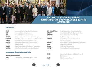 UN Agencies
IFAD	International Fund for Agricultural Development
ILO	 International Labour Organization
ITU	 International Telecommunication Union
OHCHR	 Office of the High Commissioner for Human Rights
UNDESA	 United Nations Department for Economic  Social Affairs
UNICEF	 United Nations International Children’s Fund
UNICRI	 United Nations Interregional Crime and Justice 				
Research Institute
UNIDO	 United Nations Industrial Development Organization
UNITAR	 United Nations Institute for Training and Research
UN Global Pulse	United Nations entity for exploring big data
UNODA			 United Nations Office for Disarmament Affairs
UNOSAT			 United Nations Operational Satellite 				
		 Applications Programme
UNESCO			United Nations Educational, Scientific  			
Cultural Organization
UNIDO			 United Nations Industrial Development Organization
WFP			 World Food Programme
WHO			 World Health Organization
WIPO			 World Intellectual Property Organization
International Organizations and NFPs
Amnesty International
ICRC			 International Committee of the Red Cross
IFRC				International Federation of the Red Cross 
				Red Crescent
WEF				World Economic Forum
LIST OF UN AGENCIES, OTHER
INTERNATIONAL ORGANIZATIONS  NFPS
ATTENDING
 page 44/87
 