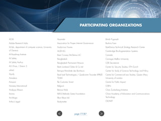 ACM
Adobe Research India
AI lab, department of computer science, University
of Geneva
AI Roadmap Institute
AI Safety
AI Safety Aarhus
AI X Prize / District 3
aifred
Aipoly
Amadeus
Amazon
Amnesty International
Analysys Mason
Anima
Archilogic
Arthur’s Legal
Ascender
Association for Proper Internet Governance
Audacious Futures
AUDI AG
Baer Crossey McDemus LLC
Bangladesh
Bangladesh Permanent Mission
Bank Lombard Odier  Co Ltd
Banque Mondiale des Bonheurs
Basil Leaf Technologies / Qualcomm Tricorder XPRIZE
TEAM
Be Customer Smart
Belgium
Bennie Mols
Bill  Melinda Gates Foundation
Blue Abyss Ltd
Bodymatter
British Pugwash
Burkina Faso
ByteDance Technical Strategy Research Center
Cambridge Bio-Augmentation Systems
Canada
Carnegie Mellon University
CEB Secretariat
Center for Security Studies, ETH Zurich
Center for Study of Science Technology and Policy
Centre for Commercial Law Studies, Queen Mary
University of London
Centre for Public Impact
CERN
Chan Zuckerberg Initiative
China Academy of Infomation and Communications
Technology
CIONET
PARTICIPATING ORGANIZATIONS
 page 77/87
 