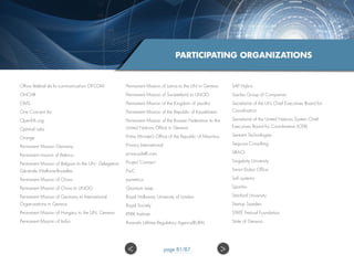 PARTICIPATING ORGANIZATIONS
Office fédéral de la communication OFCOM
OHCHR
OMS
One Concern Inc
OpenEth.org
Optimal Labs
Orange
Permanent Mission Germany
Permanent mission of Belarus
Permanent Mission of Belgium to the UN - Delegation
Générale Wallonie-Bruxelles
Permanent Mission of China
Permanent Mission of China to UNOG
Permanent Mission of Germany to International
Organizations in Geneva
Permanent Mission of Hungary to the UN, Geneva
Permanent Mission of India
Permanent Mission of Latvia to the UN in Geneva
Permanent Mission of Switzerland to UNOG
Permanent Mission of the Kingdom of Lesotho
Permanent Mission of the Republic of Kazakhstan
Permanent Mission of the Russian Federation to the
United Nations Office in Geneva
Prime Minister’s Office of the Republic of Mauritius
Privacy International
privacyshell.com
Project Connect
PwC
pymetrics
Quantum Leap
Royal Holloway University of London
Royal Society
RT-RK Institute
Rwanda Utilities Regulatory Agency(RURA)
SAP Hybris
Saziba Group of Companies
Secretariat of the UN Chief Executives Board for
Coordination
Secretariat of the United Nations System Chief
Executives Board for Coordination (CEB)
Sentient Technologies
Sequoia Consulting
SIM-CI
Singulaity University
Smart Dubai Office
Sofi systems
Sparrho
Stanford University
Startup Sweden
STATE Festival Foundation
State of Geneva
 page 81/87
 