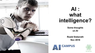 AI :
what
intelligence?
Some thoughts
on AI
Roald Sieberath
Nov 2018
 