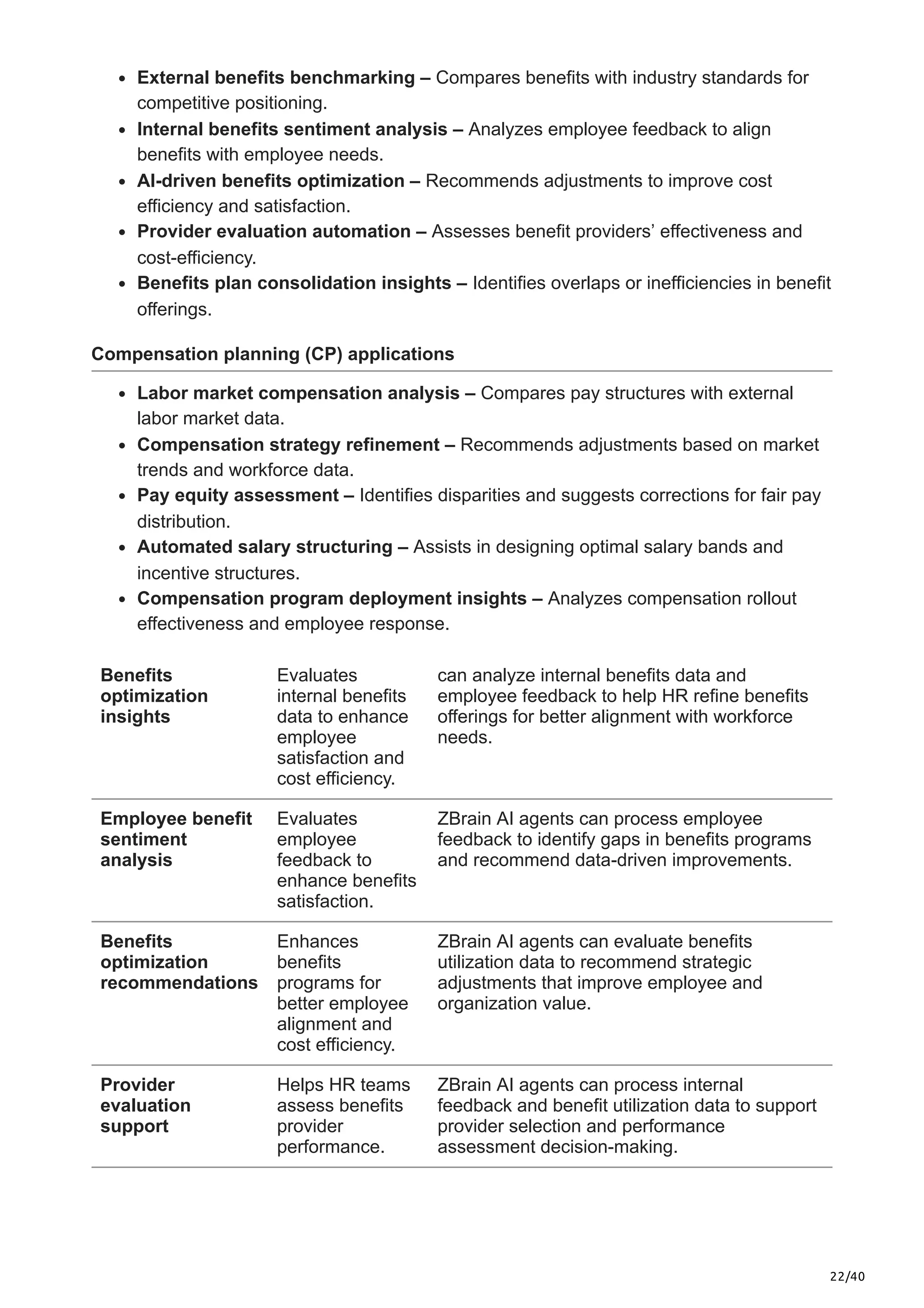 22/40
External benefits benchmarking – Compares benefits with industry standards for
competitive positioning.
Internal benefits sentiment analysis – Analyzes employee feedback to align
benefits with employee needs.
AI-driven benefits optimization – Recommends adjustments to improve cost
efficiency and satisfaction.
Provider evaluation automation – Assesses benefit providers’ effectiveness and
cost-efficiency.
Benefits plan consolidation insights – Identifies overlaps or inefficiencies in benefit
offerings.
Compensation planning (CP) applications
Labor market compensation analysis – Compares pay structures with external
labor market data.
Compensation strategy refinement – Recommends adjustments based on market
trends and workforce data.
Pay equity assessment – Identifies disparities and suggests corrections for fair pay
distribution.
Automated salary structuring – Assists in designing optimal salary bands and
incentive structures.
Compensation program deployment insights – Analyzes compensation rollout
effectiveness and employee response.
Benefits
optimization
insights
Evaluates
internal benefits
data to enhance
employee
satisfaction and
cost efficiency.
can analyze internal benefits data and
employee feedback to help HR refine benefits
offerings for better alignment with workforce
needs.
Employee benefit
sentiment
analysis
Evaluates
employee
feedback to
enhance benefits
satisfaction.
ZBrain AI agents can process employee
feedback to identify gaps in benefits programs
and recommend data-driven improvements.
Benefits
optimization
recommendations
Enhances
benefits
programs for
better employee
alignment and
cost efficiency.
ZBrain AI agents can evaluate benefits
utilization data to recommend strategic
adjustments that improve employee and
organization value.
Provider
evaluation
support
Helps HR teams
assess benefits
provider
performance.
ZBrain AI agents can process internal
feedback and benefit utilization data to support
provider selection and performance
assessment decision-making.
 