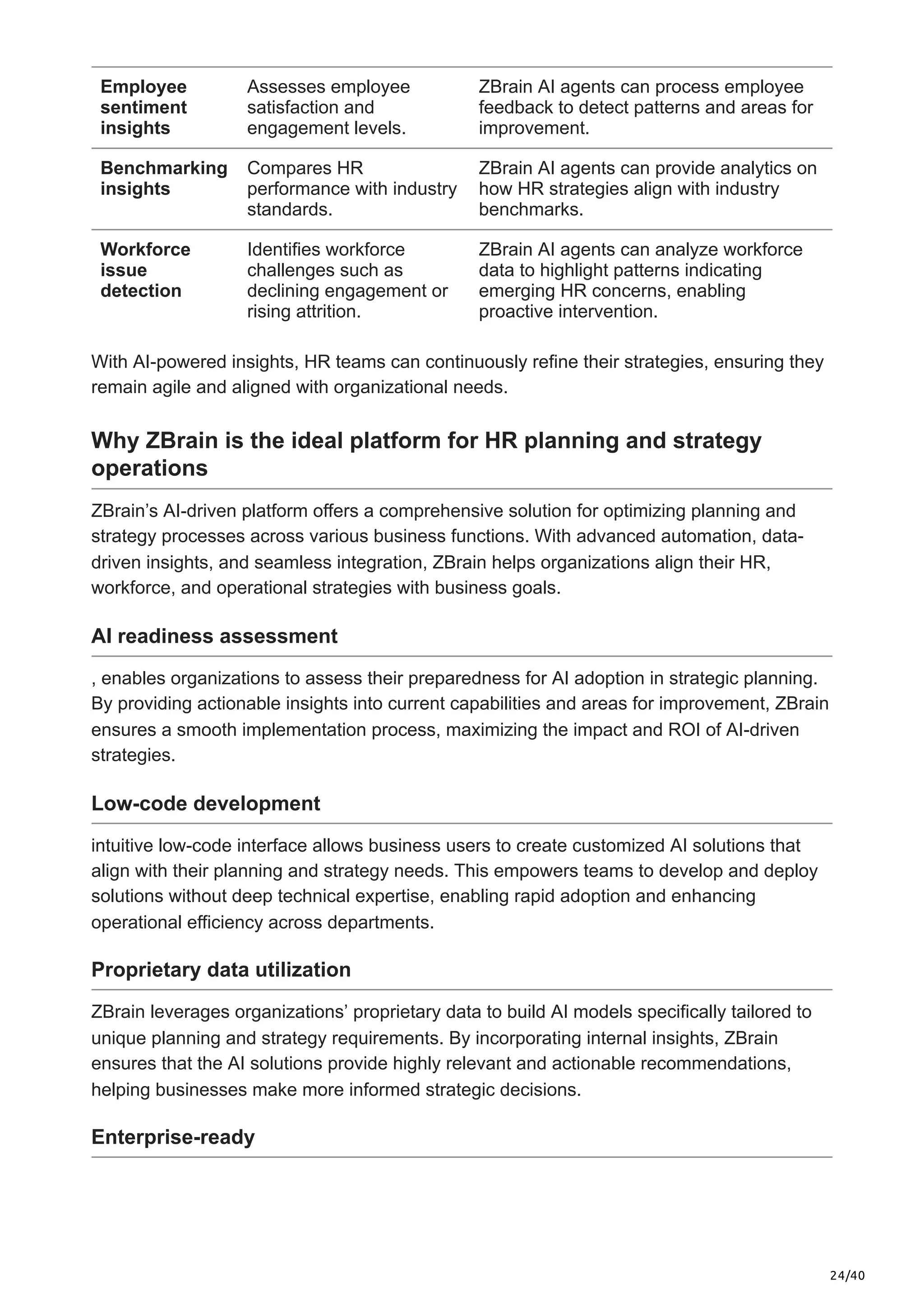 24/40
Employee
sentiment
insights
Assesses employee
satisfaction and
engagement levels.
ZBrain AI agents can process employee
feedback to detect patterns and areas for
improvement.
Benchmarking
insights
Compares HR
performance with industry
standards.
ZBrain AI agents can provide analytics on
how HR strategies align with industry
benchmarks.
Workforce
issue
detection
Identifies workforce
challenges such as
declining engagement or
rising attrition.
ZBrain AI agents can analyze workforce
data to highlight patterns indicating
emerging HR concerns, enabling
proactive intervention.
With AI-powered insights, HR teams can continuously refine their strategies, ensuring they
remain agile and aligned with organizational needs.
Why ZBrain is the ideal platform for HR planning and strategy
operations
ZBrain’s AI-driven platform offers a comprehensive solution for optimizing planning and
strategy processes across various business functions. With advanced automation, data-
driven insights, and seamless integration, ZBrain helps organizations align their HR,
workforce, and operational strategies with business goals.
AI readiness assessment
, enables organizations to assess their preparedness for AI adoption in strategic planning.
By providing actionable insights into current capabilities and areas for improvement, ZBrain
ensures a smooth implementation process, maximizing the impact and ROI of AI-driven
strategies.
Low-code development
intuitive low-code interface allows business users to create customized AI solutions that
align with their planning and strategy needs. This empowers teams to develop and deploy
solutions without deep technical expertise, enabling rapid adoption and enhancing
operational efficiency across departments.
Proprietary data utilization
ZBrain leverages organizations’ proprietary data to build AI models specifically tailored to
unique planning and strategy requirements. By incorporating internal insights, ZBrain
ensures that the AI solutions provide highly relevant and actionable recommendations,
helping businesses make more informed strategic decisions.
Enterprise-ready
 