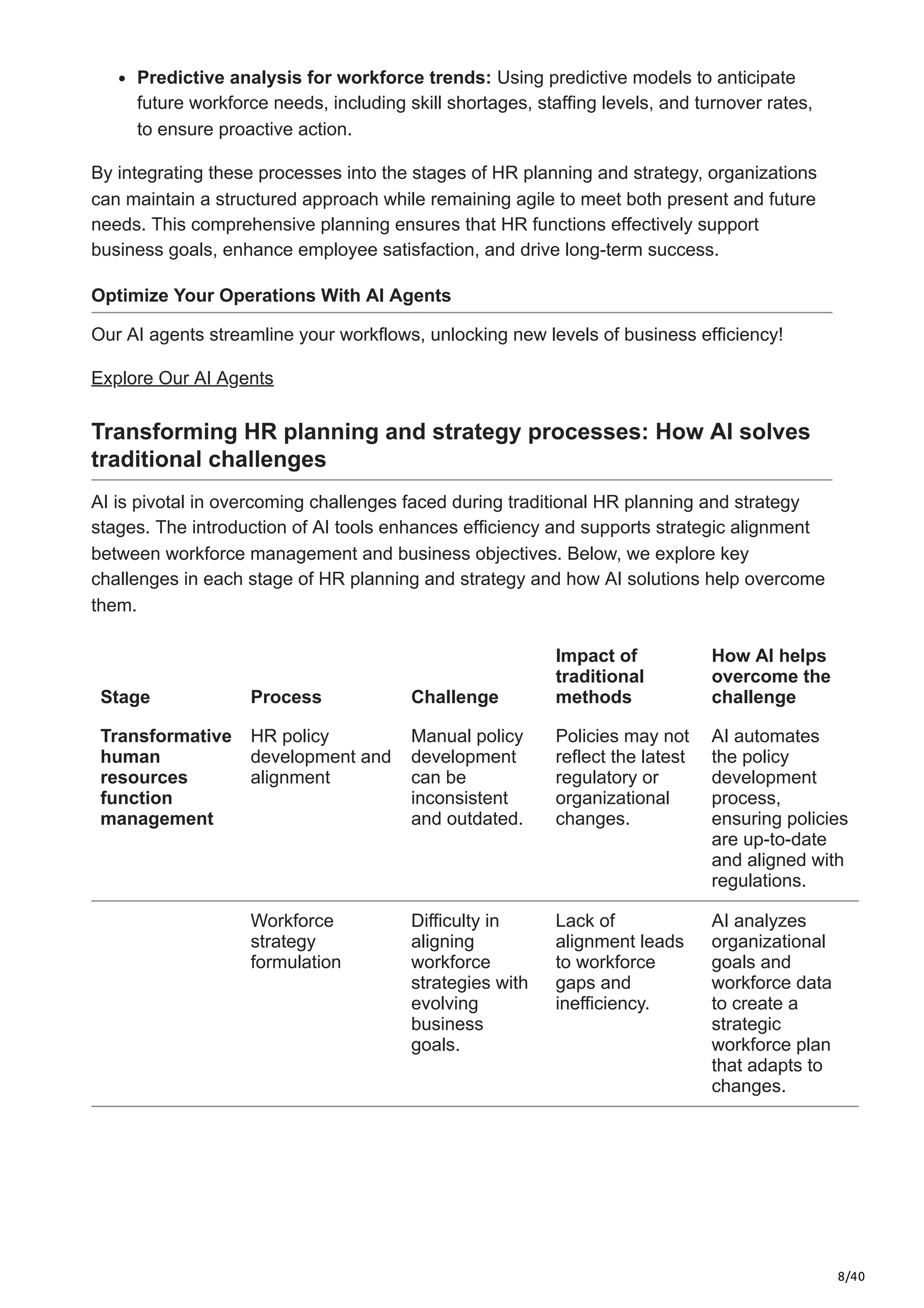 8/40
Predictive analysis for workforce trends: Using predictive models to anticipate
future workforce needs, including skill shortages, staffing levels, and turnover rates,
to ensure proactive action.
By integrating these processes into the stages of HR planning and strategy, organizations
can maintain a structured approach while remaining agile to meet both present and future
needs. This comprehensive planning ensures that HR functions effectively support
business goals, enhance employee satisfaction, and drive long-term success.
Optimize Your Operations With AI Agents
Our AI agents streamline your workflows, unlocking new levels of business efficiency!
Explore Our AI Agents
Transforming HR planning and strategy processes: How AI solves
traditional challenges
AI is pivotal in overcoming challenges faced during traditional HR planning and strategy
stages. The introduction of AI tools enhances efficiency and supports strategic alignment
between workforce management and business objectives. Below, we explore key
challenges in each stage of HR planning and strategy and how AI solutions help overcome
them.
Stage Process Challenge
Impact of
traditional
methods
How AI helps
overcome the
challenge
Transformative
human
resources
function
management
HR policy
development and
alignment
Manual policy
development
can be
inconsistent
and outdated.
Policies may not
reflect the latest
regulatory or
organizational
changes.
AI automates
the policy
development
process,
ensuring policies
are up-to-date
and aligned with
regulations.
Workforce
strategy
formulation
Difficulty in
aligning
workforce
strategies with
evolving
business
goals.
Lack of
alignment leads
to workforce
gaps and
inefficiency.
AI analyzes
organizational
goals and
workforce data
to create a
strategic
workforce plan
that adapts to
changes.
 